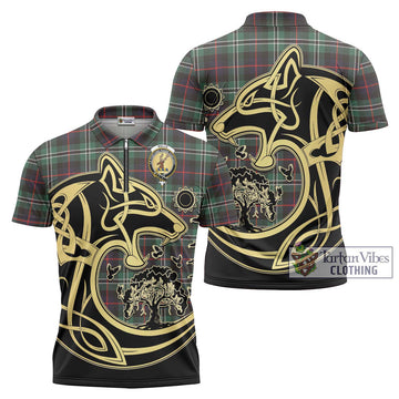 Rollo Hunting Tartan Zipper Polo Shirt with Family Crest Celtic Wolf Style