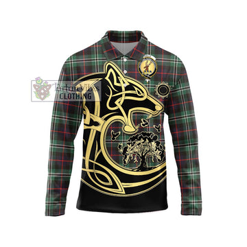 Rollo Hunting Tartan Long Sleeve Polo Shirt with Family Crest Celtic Wolf Style