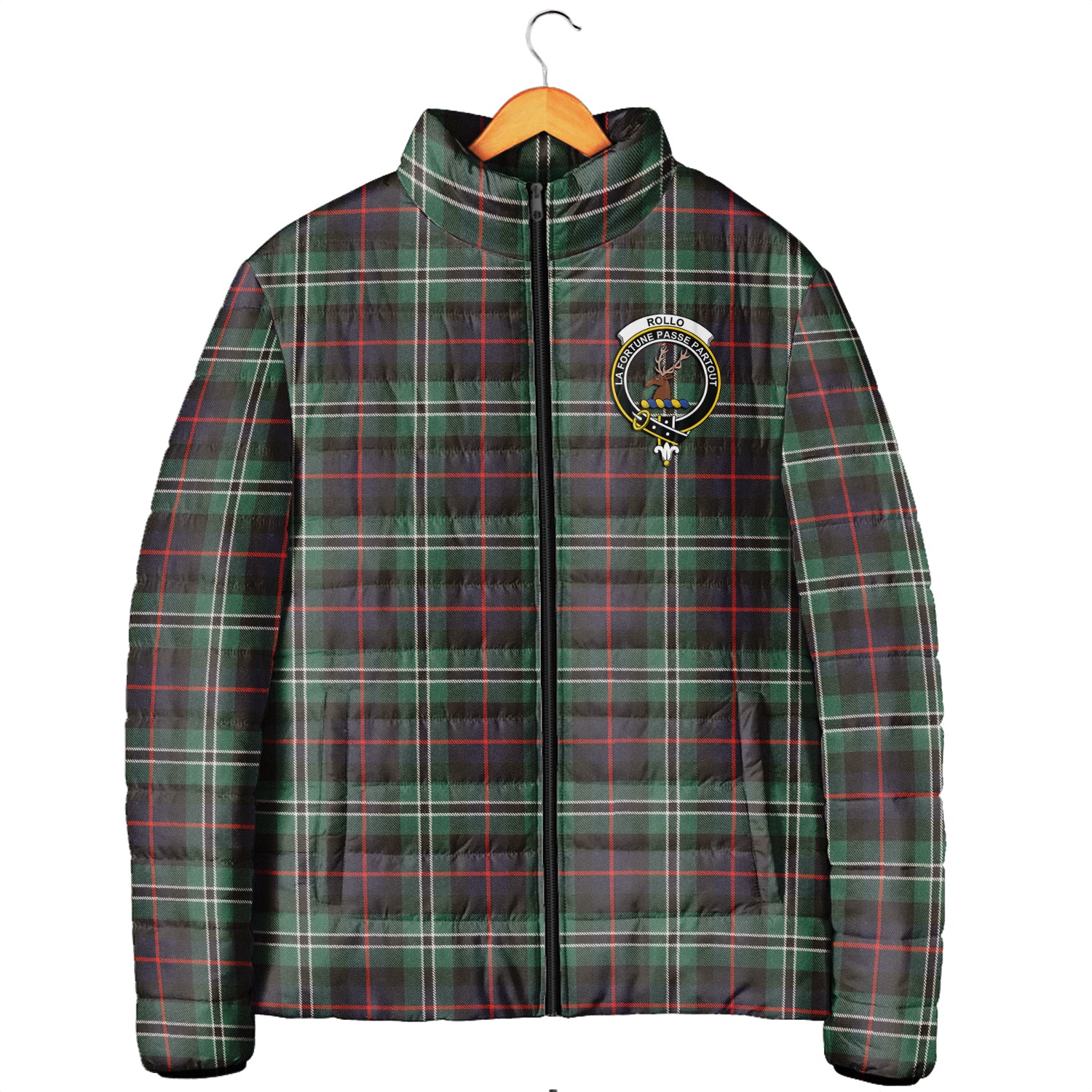 Rollo Hunting Tartan Padded Jacket with Family Crest Men's Padded Jacket - Tartan Vibes Clothing