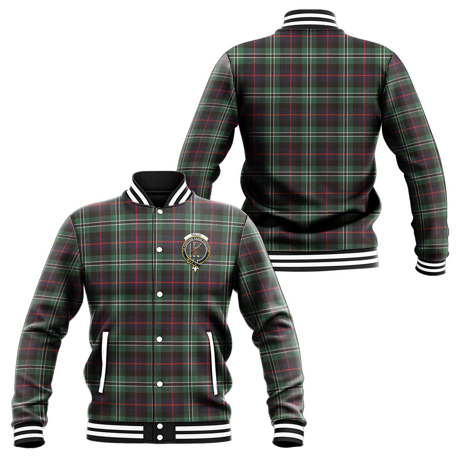 Rollo Hunting Tartan Baseball Jacket with Family Crest Unisex - Tartan Vibes Clothing