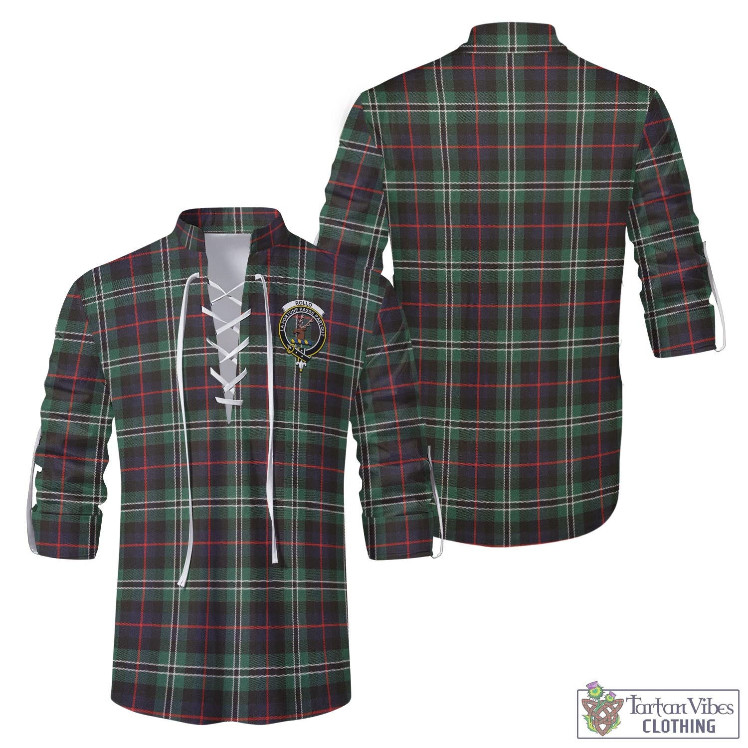 Tartan Vibes Clothing Rollo Hunting Tartan Men's Scottish Traditional Jacobite Ghillie Kilt Shirt with Family Crest