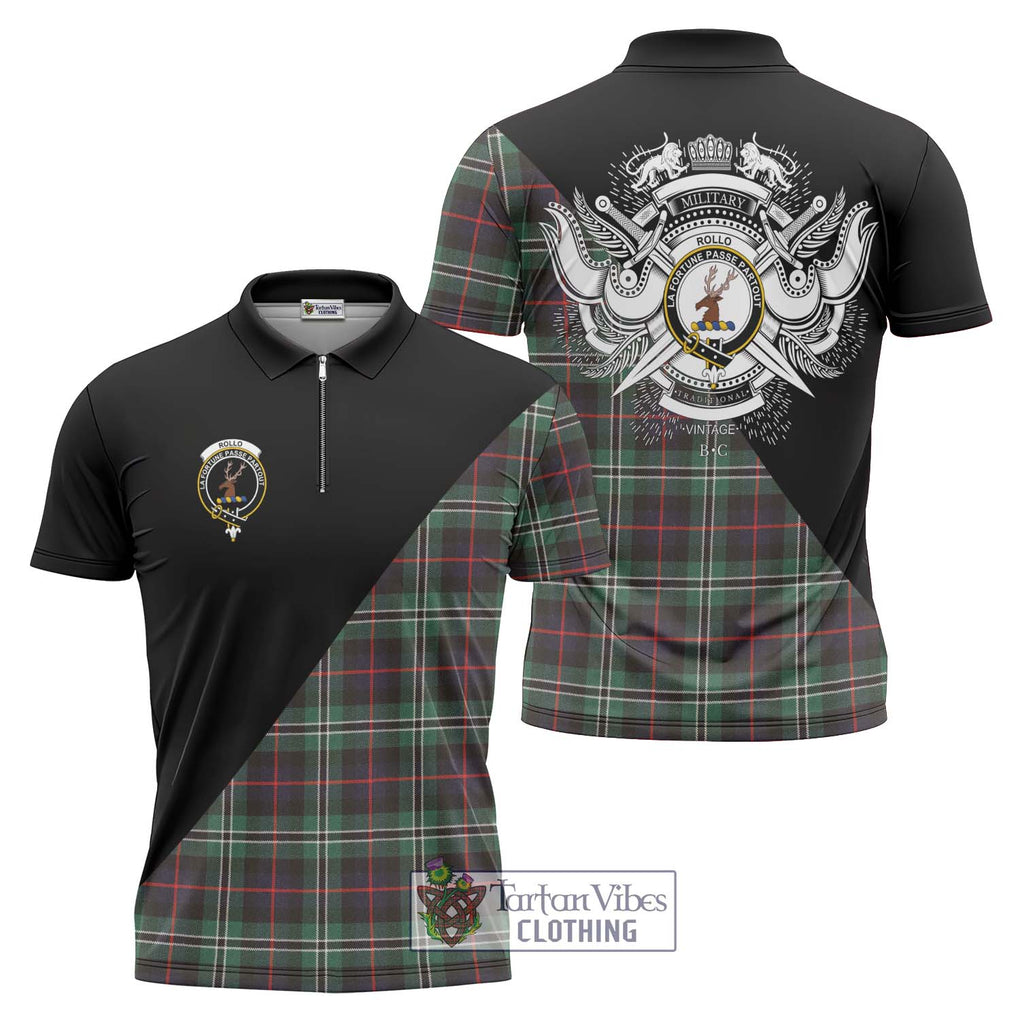 Rollo Hunting Tartan Zipper Polo Shirt with Family Crest and Military Logo Style Unisex - Tartanvibesclothing Shop