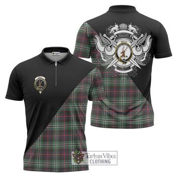 Rollo Hunting Tartan Zipper Polo Shirt with Family Crest and Military Logo Style