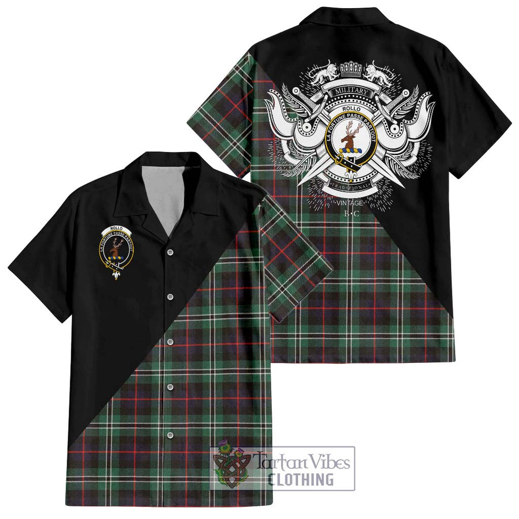 Rollo Hunting Tartan Short Sleeve Button Shirt with Family Crest and Military Logo Style Kid - Tartanvibesclothing Shop