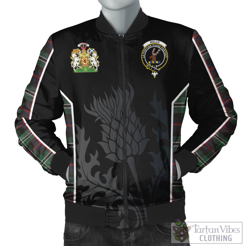 Tartan Vibes Clothing Rollo Hunting Tartan Bomber Jacket with Family Crest and Scottish Thistle Vibes Sport Style