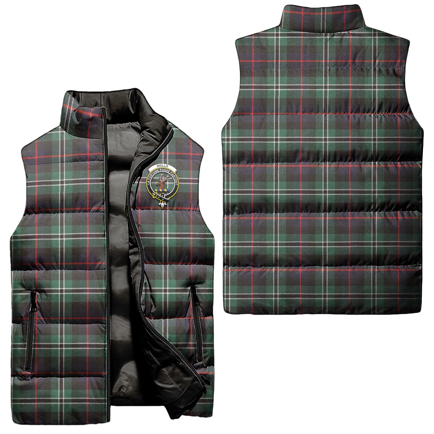 Rollo Hunting Tartan Sleeveless Puffer Jacket with Family Crest Unisex - Tartanvibesclothing