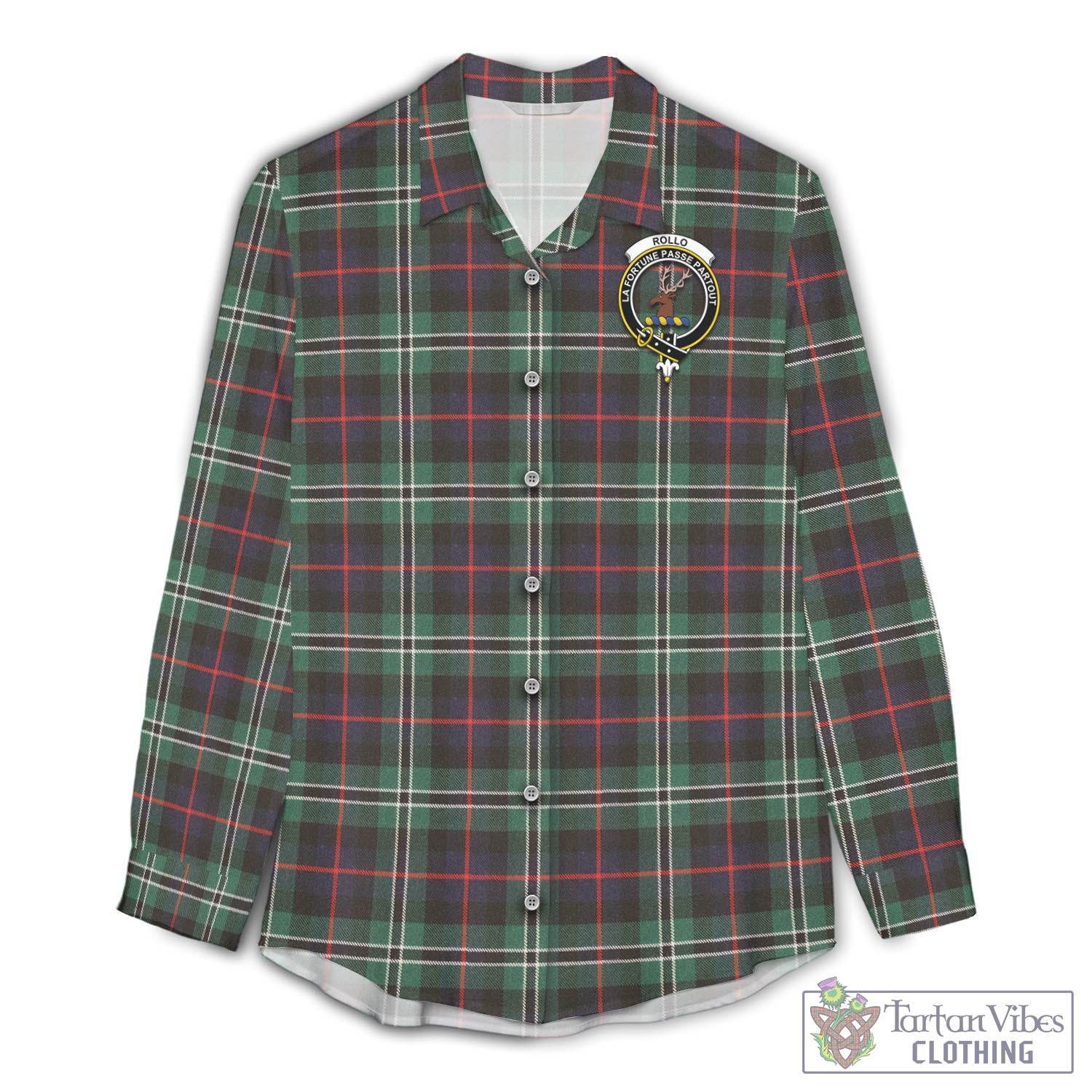 Tartan Vibes Clothing Rollo Hunting Tartan Womens Casual Shirt with Family Crest