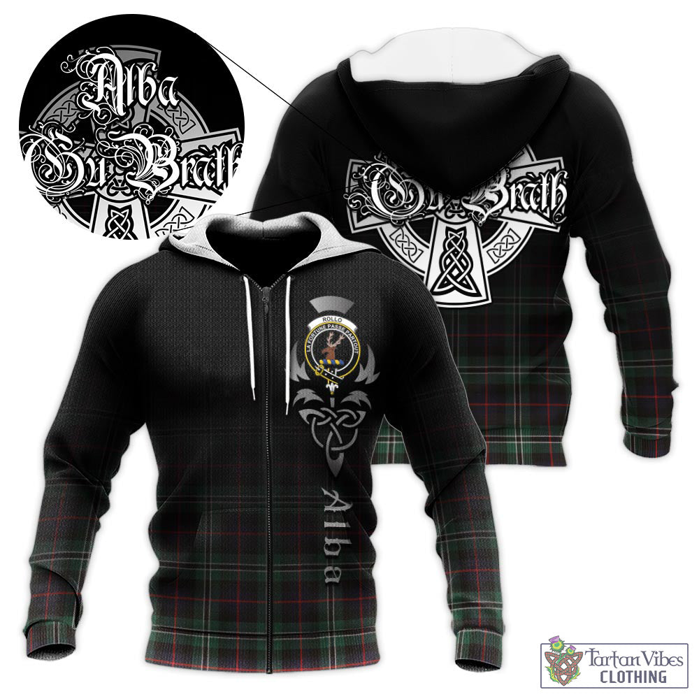 Tartan Vibes Clothing Rollo Hunting Tartan Knitted Hoodie Featuring Alba Gu Brath Family Crest Celtic Inspired