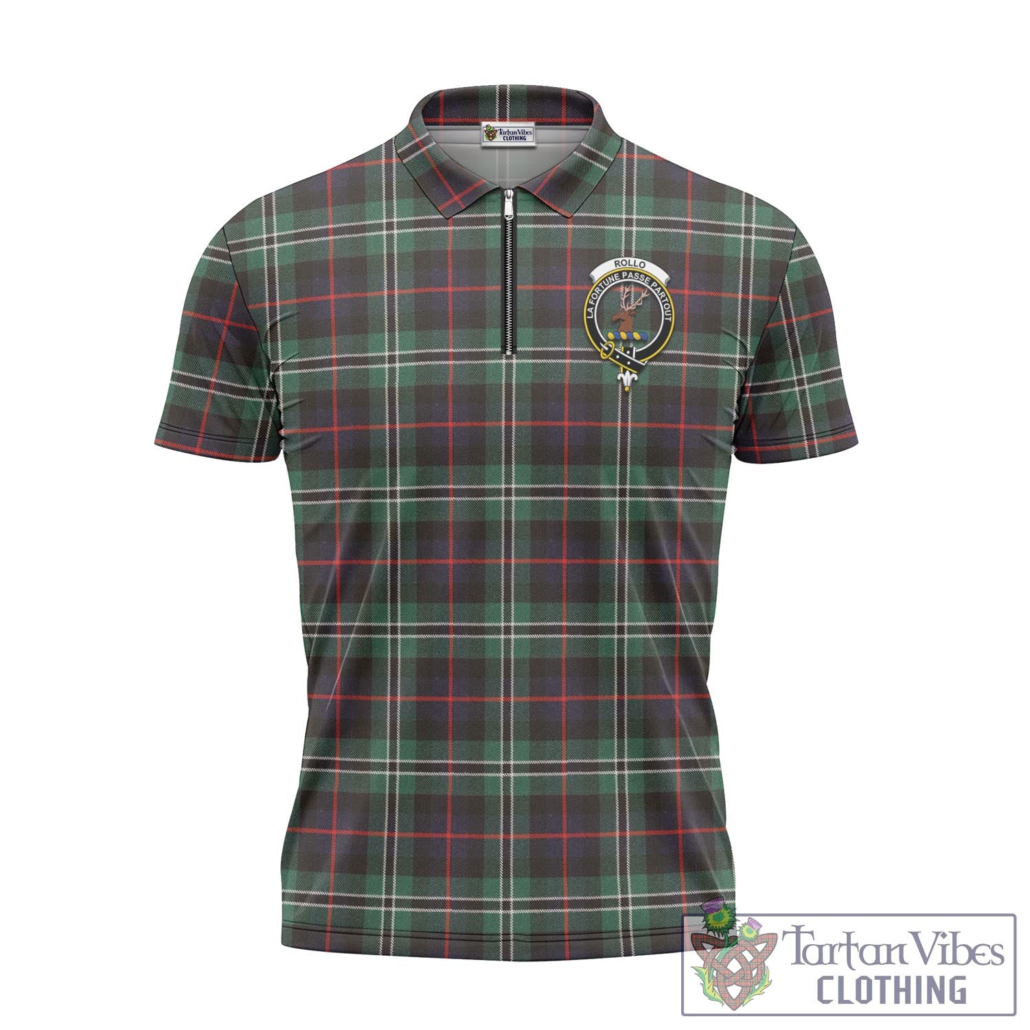 Tartan Vibes Clothing Rollo Hunting Tartan Zipper Polo Shirt with Family Crest