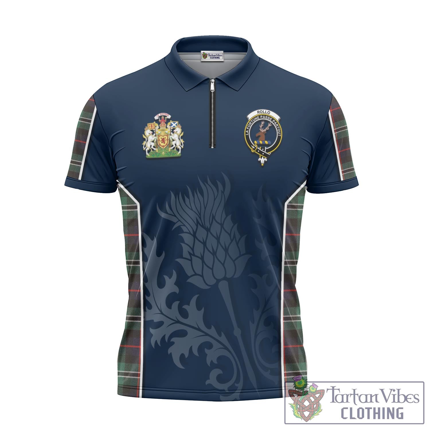 Tartan Vibes Clothing Rollo Hunting Tartan Zipper Polo Shirt with Family Crest and Scottish Thistle Vibes Sport Style