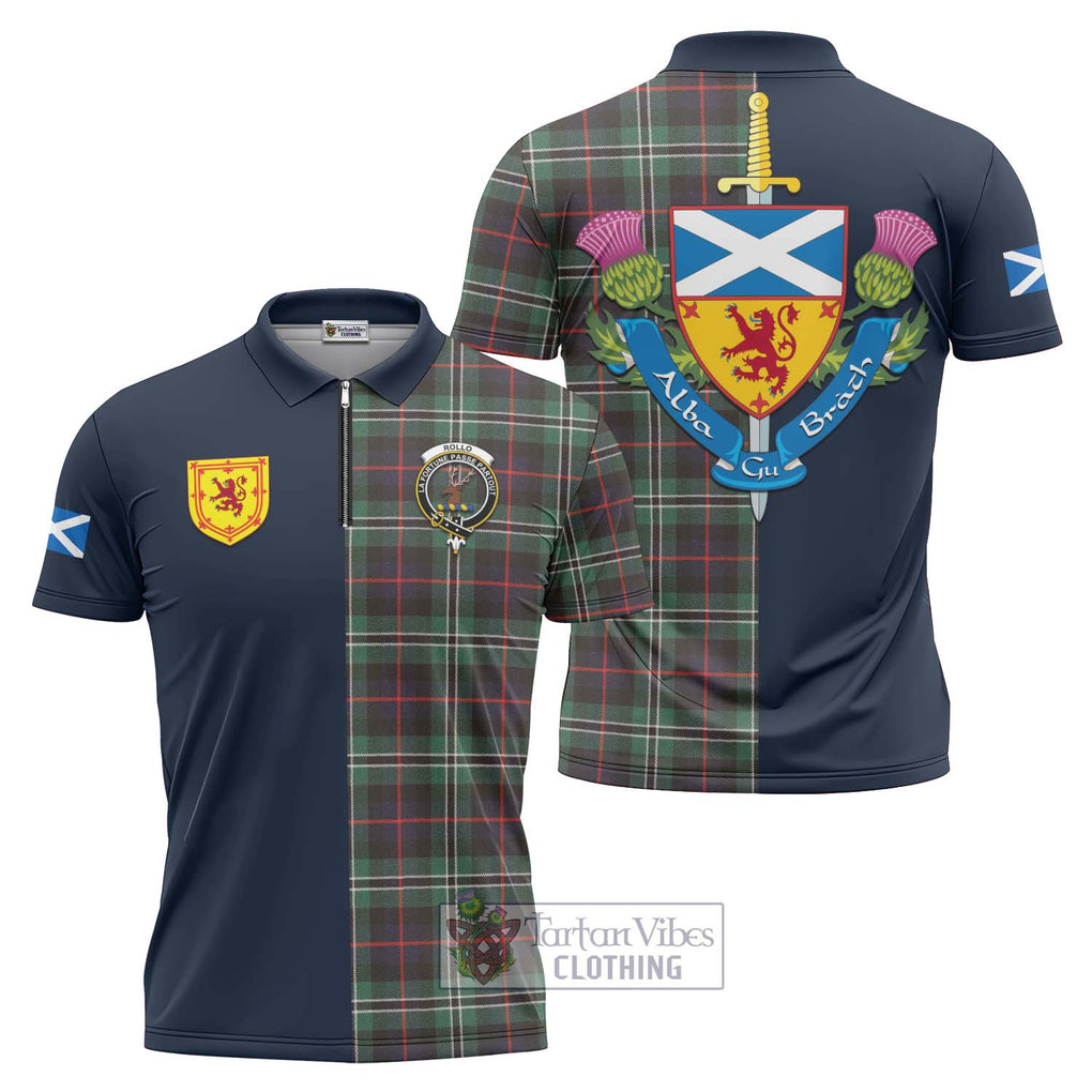 Tartan Vibes Clothing Rollo Hunting Tartan Zipper Polo Shirt with Scottish Lion Royal Arm Half Style