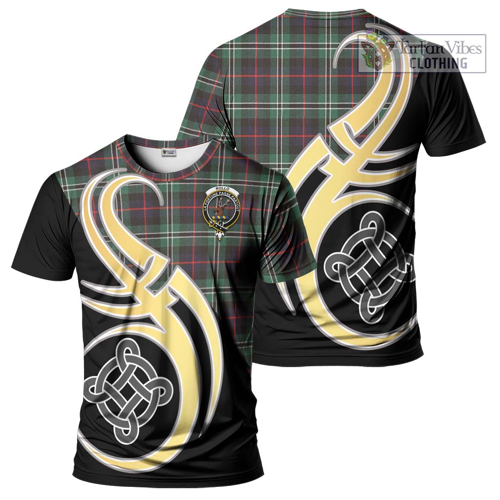 Tartan Vibes Clothing Rollo Hunting Tartan T-Shirt with Family Crest and Celtic Symbol Style