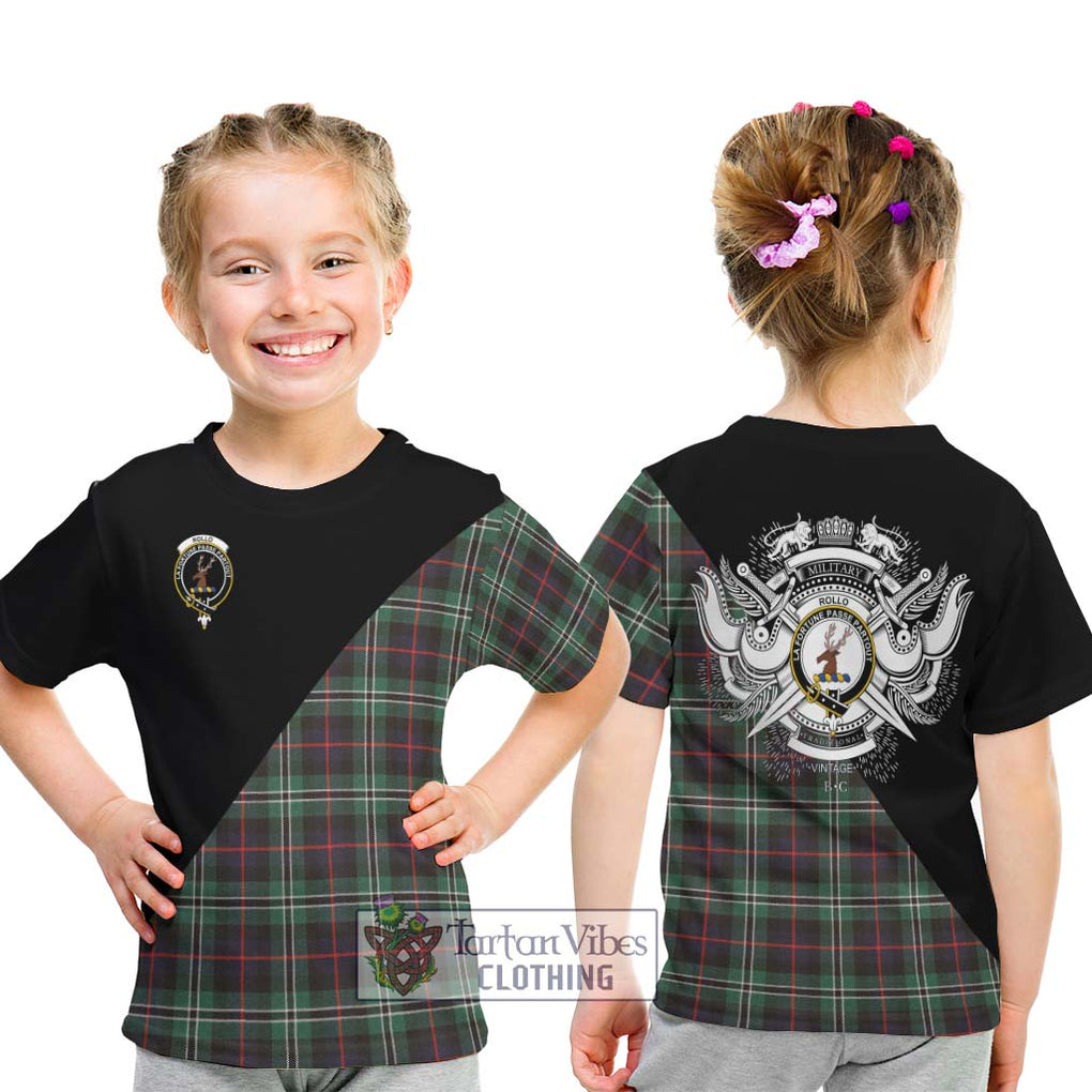 Rollo Hunting Tartan Kid T-Shirt with Family Crest and Military Logo Style - Tartanvibesclothing Shop