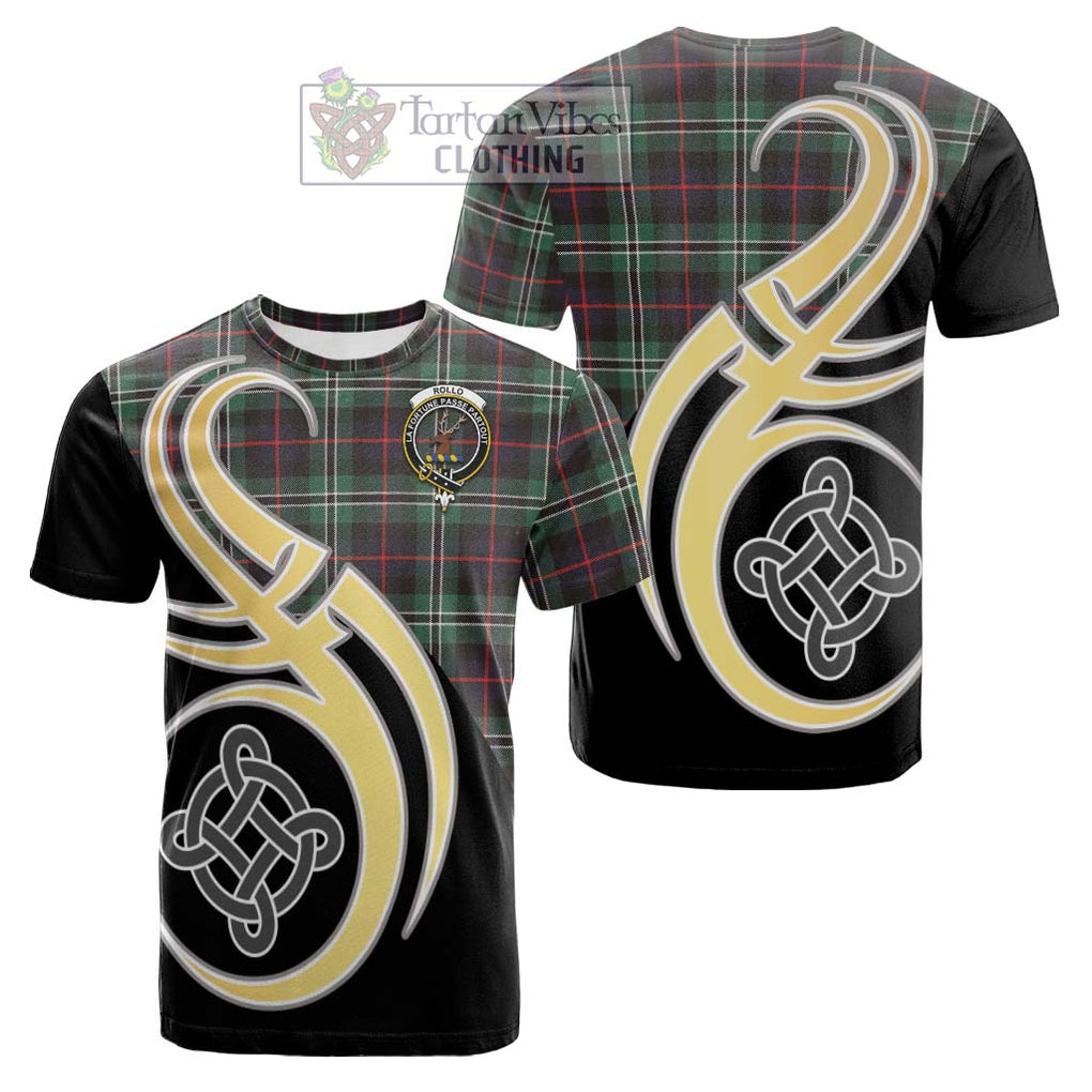 Tartan Vibes Clothing Rollo Hunting Tartan Cotton T-shirt with Family Crest and Celtic Symbol Style