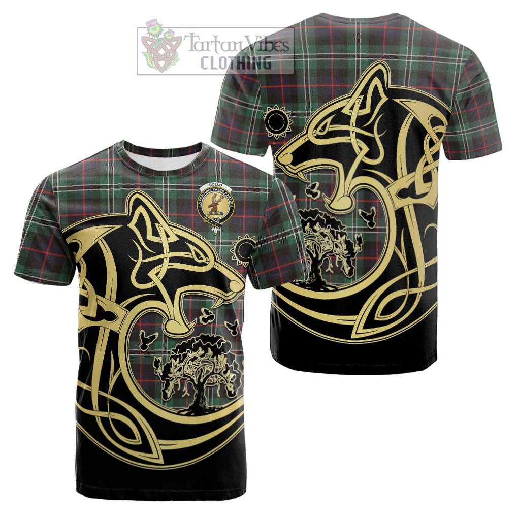 Tartan Vibes Clothing Rollo Hunting Tartan Cotton T-shirt with Family Crest Celtic Wolf Style