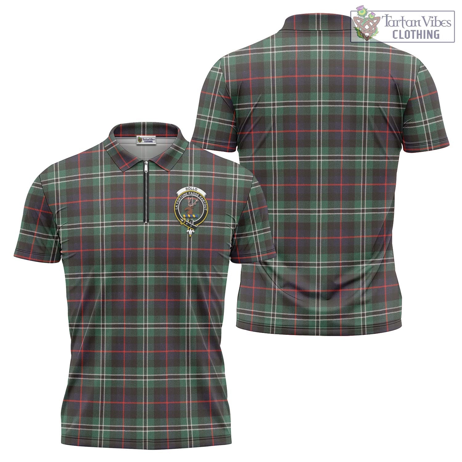 Tartan Vibes Clothing Rollo Hunting Tartan Zipper Polo Shirt with Family Crest