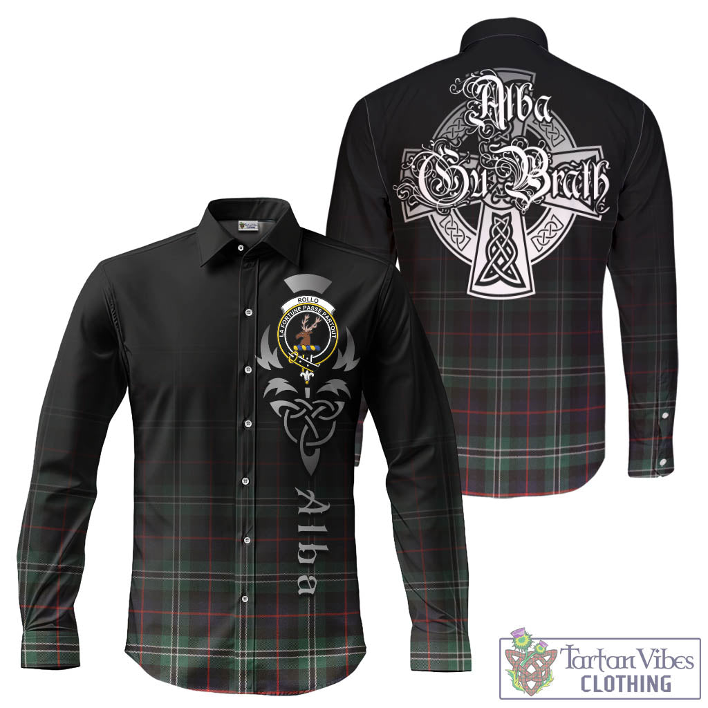 Tartan Vibes Clothing Rollo Hunting Tartan Long Sleeve Button Up Featuring Alba Gu Brath Family Crest Celtic Inspired