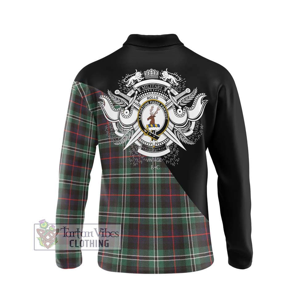 Rollo Hunting Tartan Long Sleeve Polo Shirt with Family Crest and Military Logo Style - Tartanvibesclothing Shop