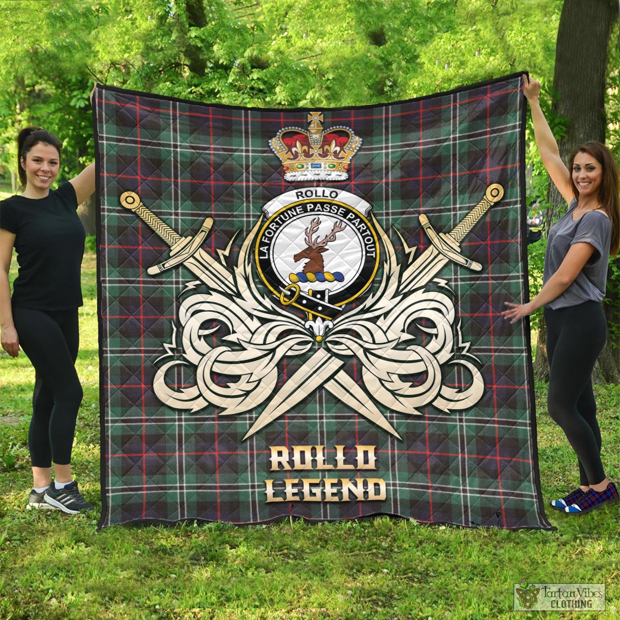 Tartan Vibes Clothing Rollo Hunting Tartan Quilt with Clan Crest and the Golden Sword of Courageous Legacy