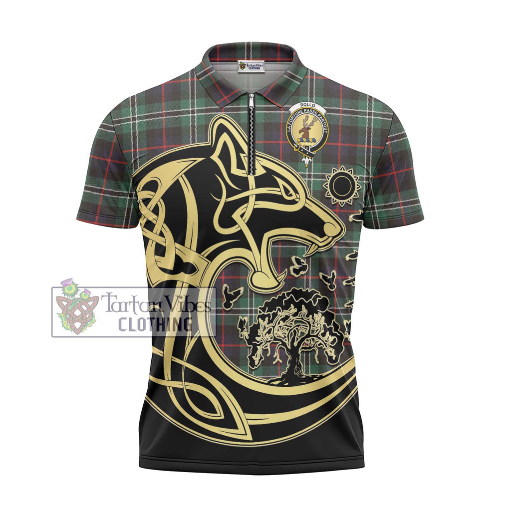 Rollo Hunting Tartan Zipper Polo Shirt with Family Crest Celtic Wolf Style - Tartanvibesclothing Shop