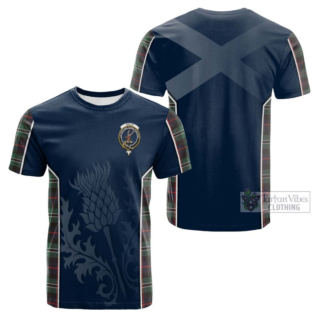 Tartan Vibes Clothing Rollo Hunting Tartan Cotton T-shirt with Family Crest and Scottish Thistle Vibes Sport Style