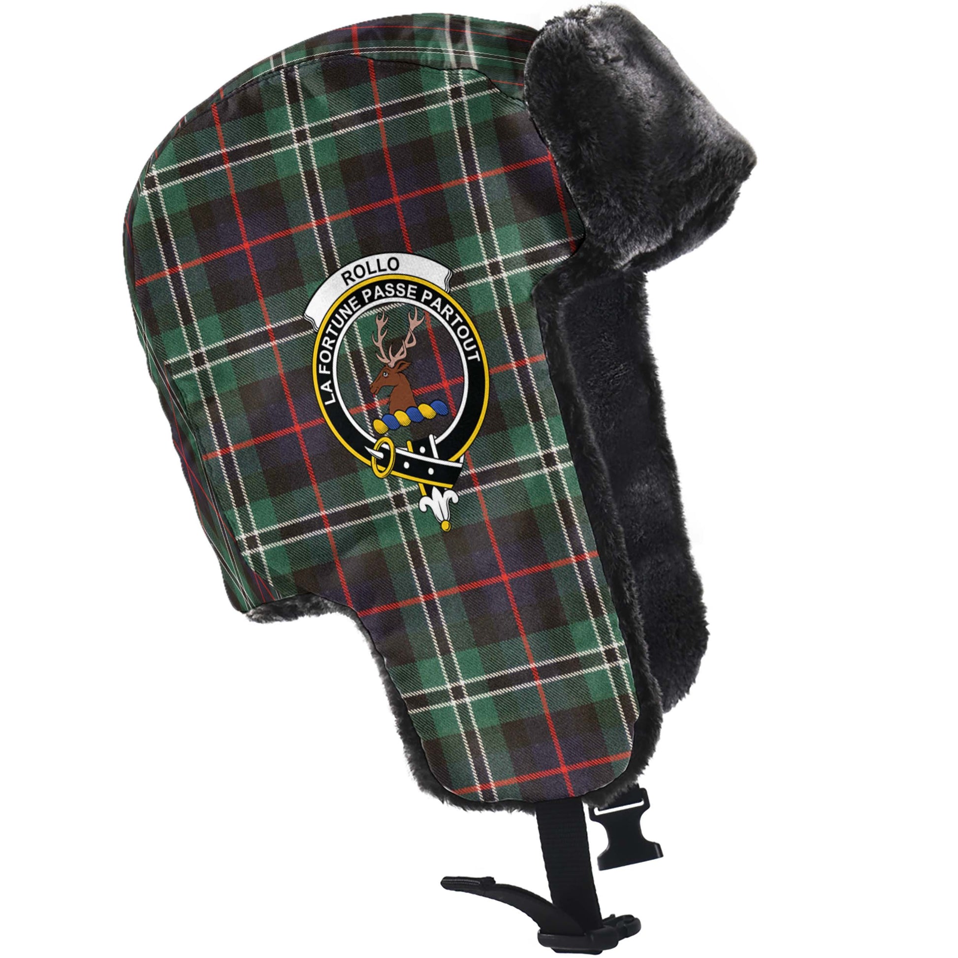 Rollo Hunting Tartan Winter Trapper Hat with Family Crest - Tartanvibesclothing