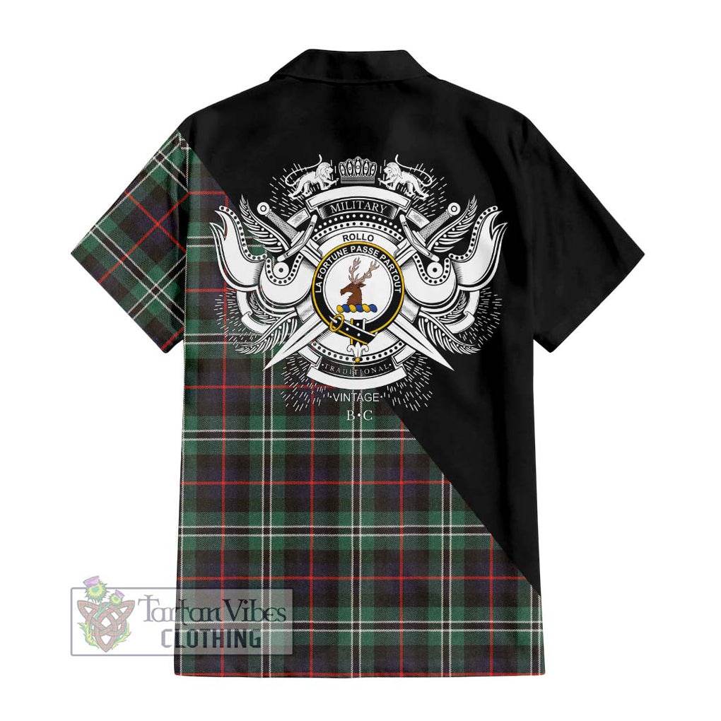 Rollo Hunting Tartan Short Sleeve Button Shirt with Family Crest and Military Logo Style - Tartanvibesclothing Shop