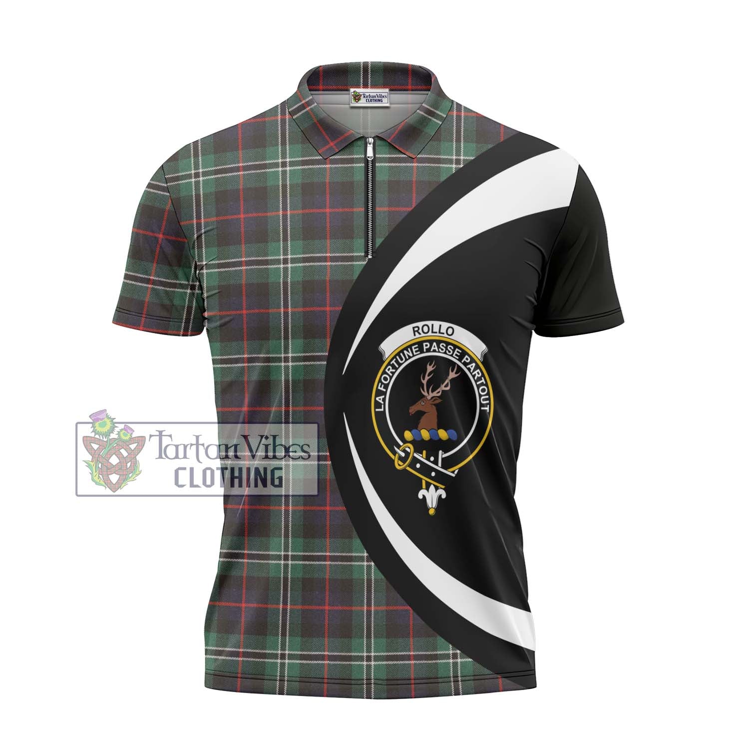 Rollo Hunting Tartan Zipper Polo Shirt with Family Crest Circle Style - Tartan Vibes Clothing