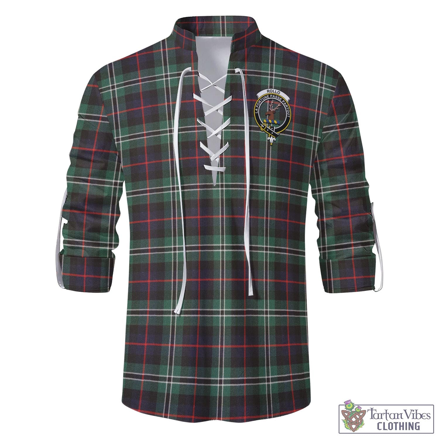 Tartan Vibes Clothing Rollo Hunting Tartan Men's Scottish Traditional Jacobite Ghillie Kilt Shirt with Family Crest