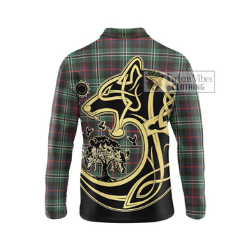 Rollo Hunting Tartan Long Sleeve Polo Shirt with Family Crest Celtic Wolf Style