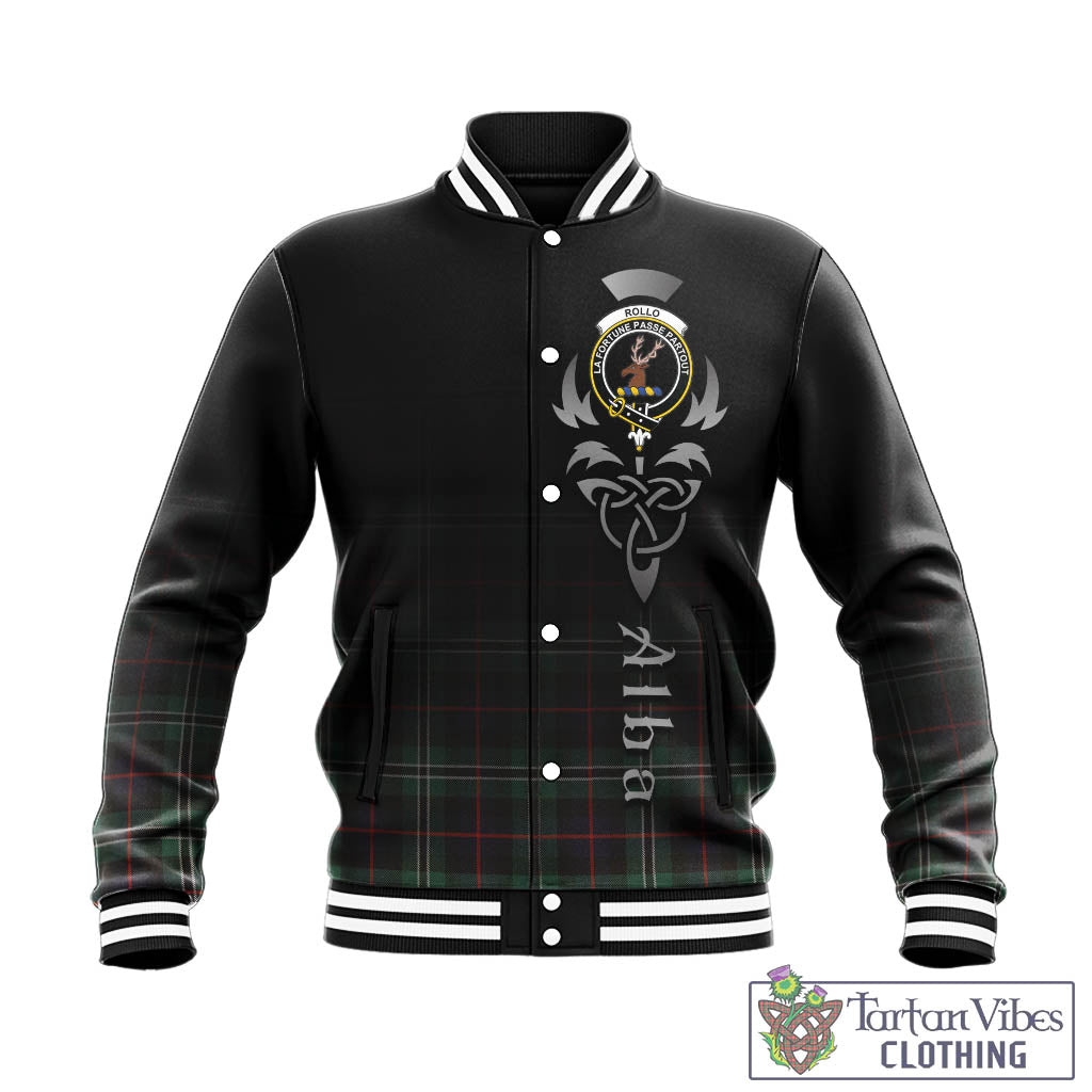 Tartan Vibes Clothing Rollo Hunting Tartan Baseball Jacket Featuring Alba Gu Brath Family Crest Celtic Inspired