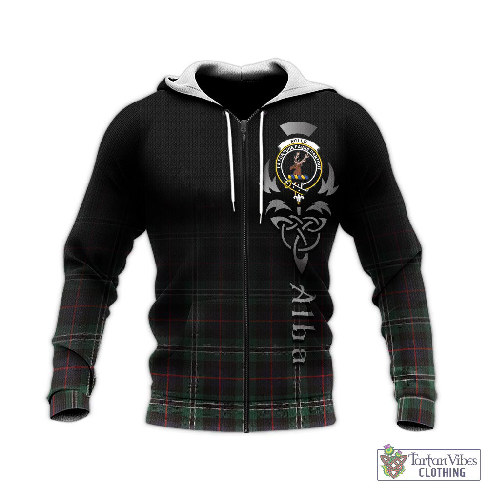 Tartan Vibes Clothing Rollo Hunting Tartan Knitted Hoodie Featuring Alba Gu Brath Family Crest Celtic Inspired