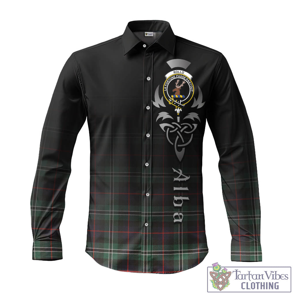 Tartan Vibes Clothing Rollo Hunting Tartan Long Sleeve Button Up Featuring Alba Gu Brath Family Crest Celtic Inspired