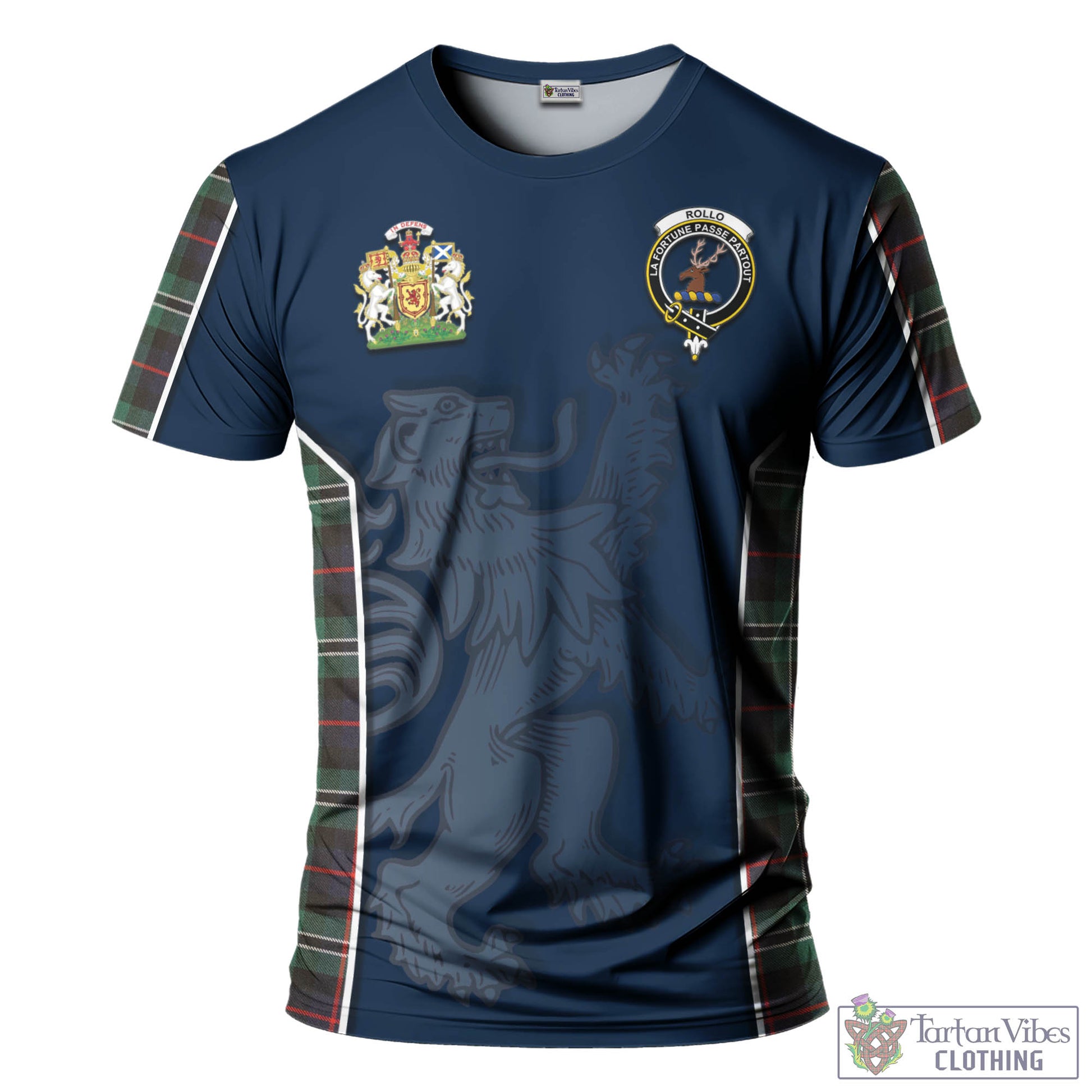 Tartan Vibes Clothing Rollo Hunting Tartan T-Shirt with Family Crest and Lion Rampant Vibes Sport Style