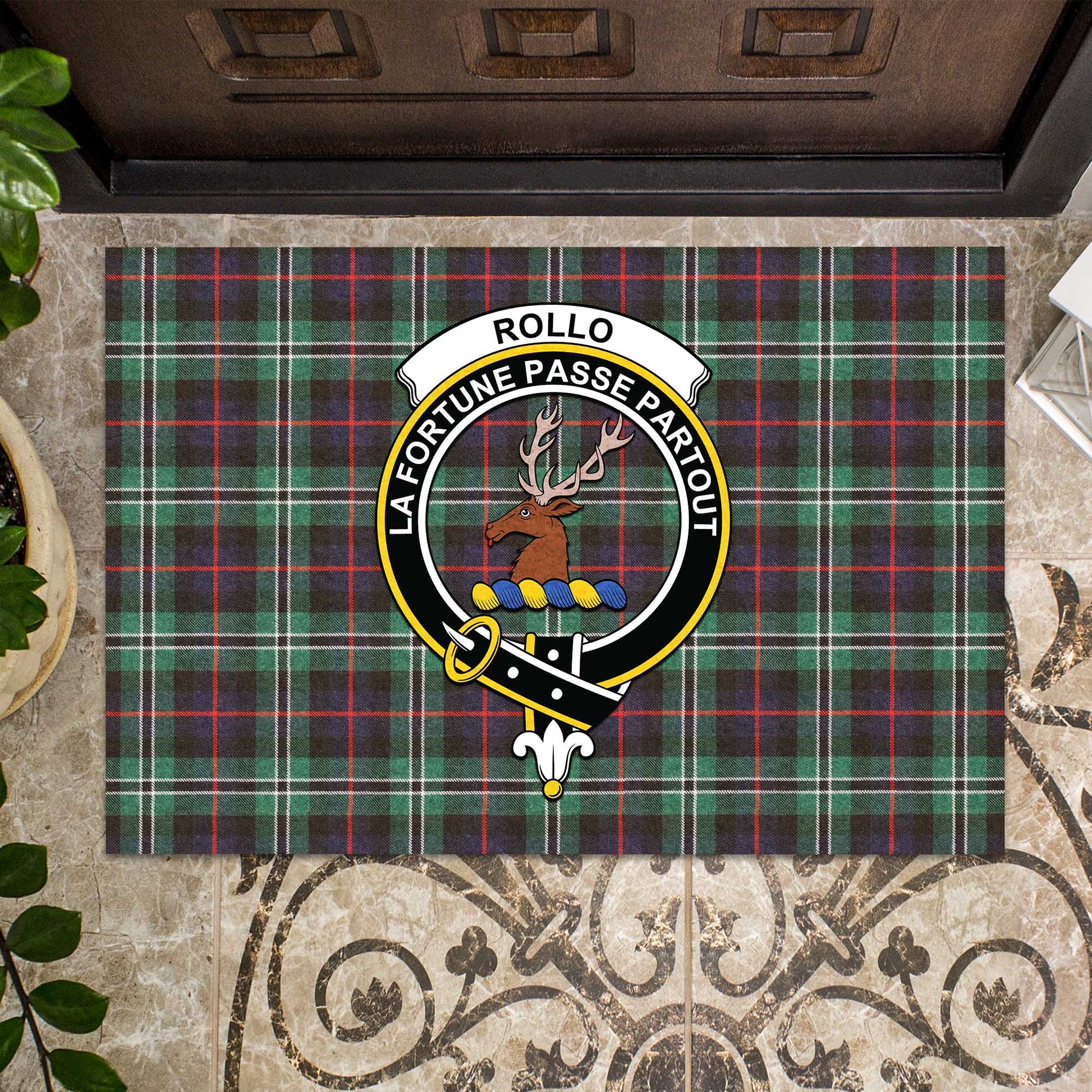 Rollo Hunting Tartan Door Mat with Family Crest - Tartanvibesclothing Shop