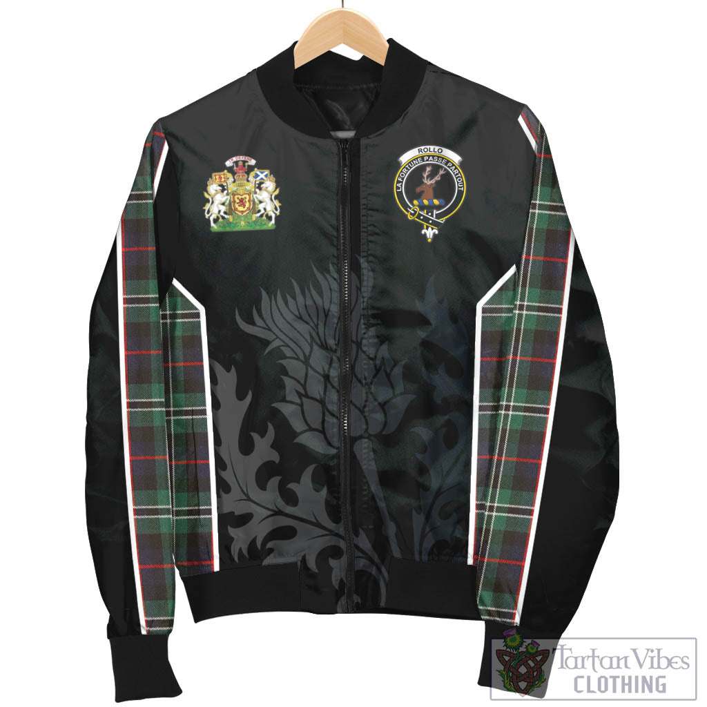 Tartan Vibes Clothing Rollo Hunting Tartan Bomber Jacket with Family Crest and Scottish Thistle Vibes Sport Style