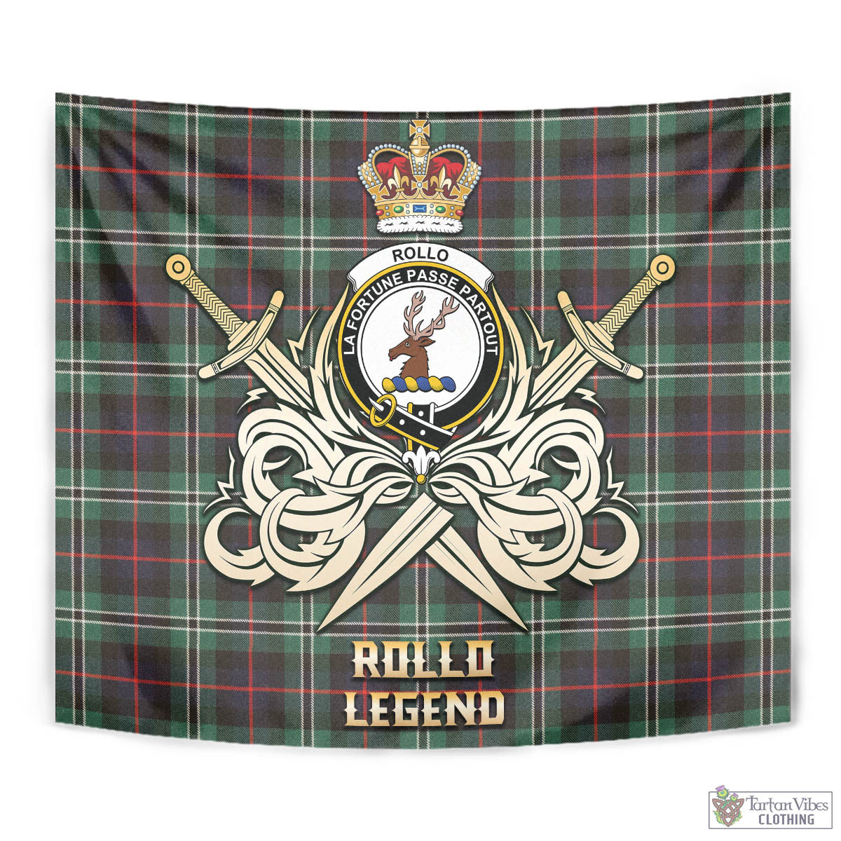 Tartan Vibes Clothing Rollo Hunting Tartan Tapestry with Clan Crest and the Golden Sword of Courageous Legacy