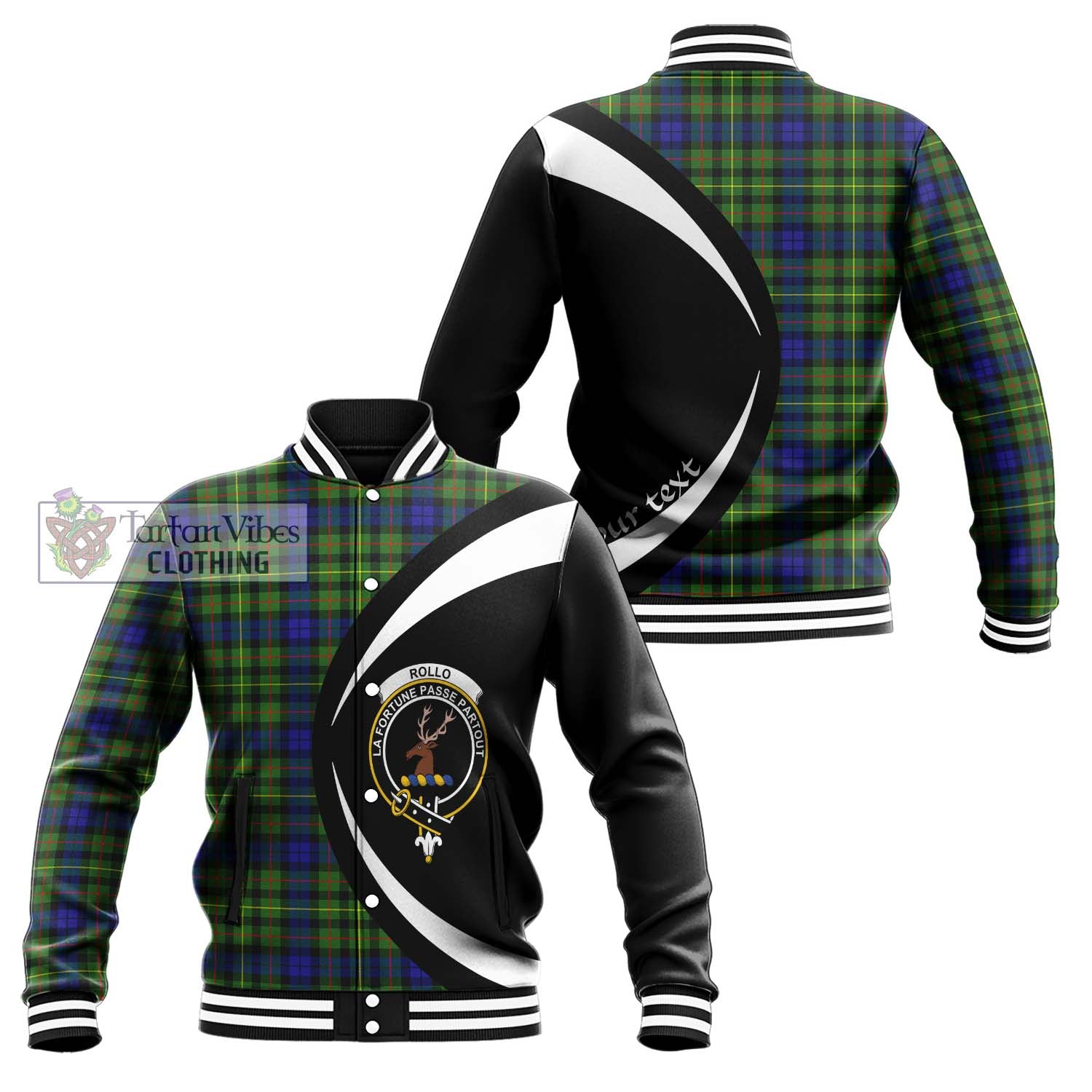 Rollo Modern Tartan Baseball Jacket with Family Crest Circle Style Unisex - Tartan Vibes Clothing