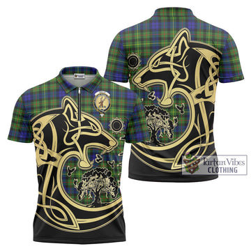 Rollo Modern Tartan Zipper Polo Shirt with Family Crest Celtic Wolf Style