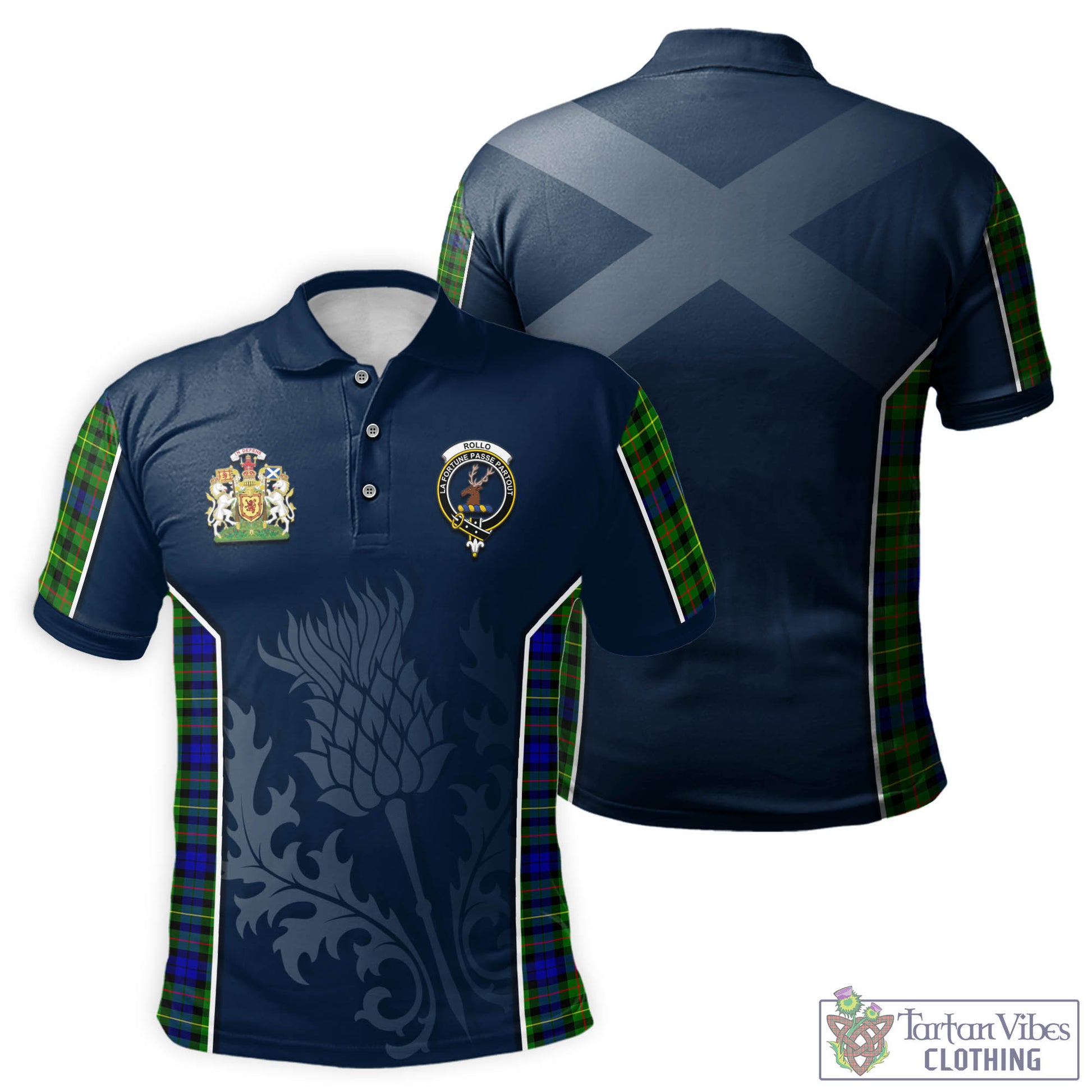 Tartan Vibes Clothing Rollo Modern Tartan Men's Polo Shirt with Family Crest and Scottish Thistle Vibes Sport Style