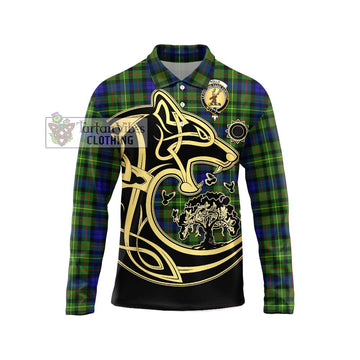 Rollo Modern Tartan Long Sleeve Polo Shirt with Family Crest Celtic Wolf Style