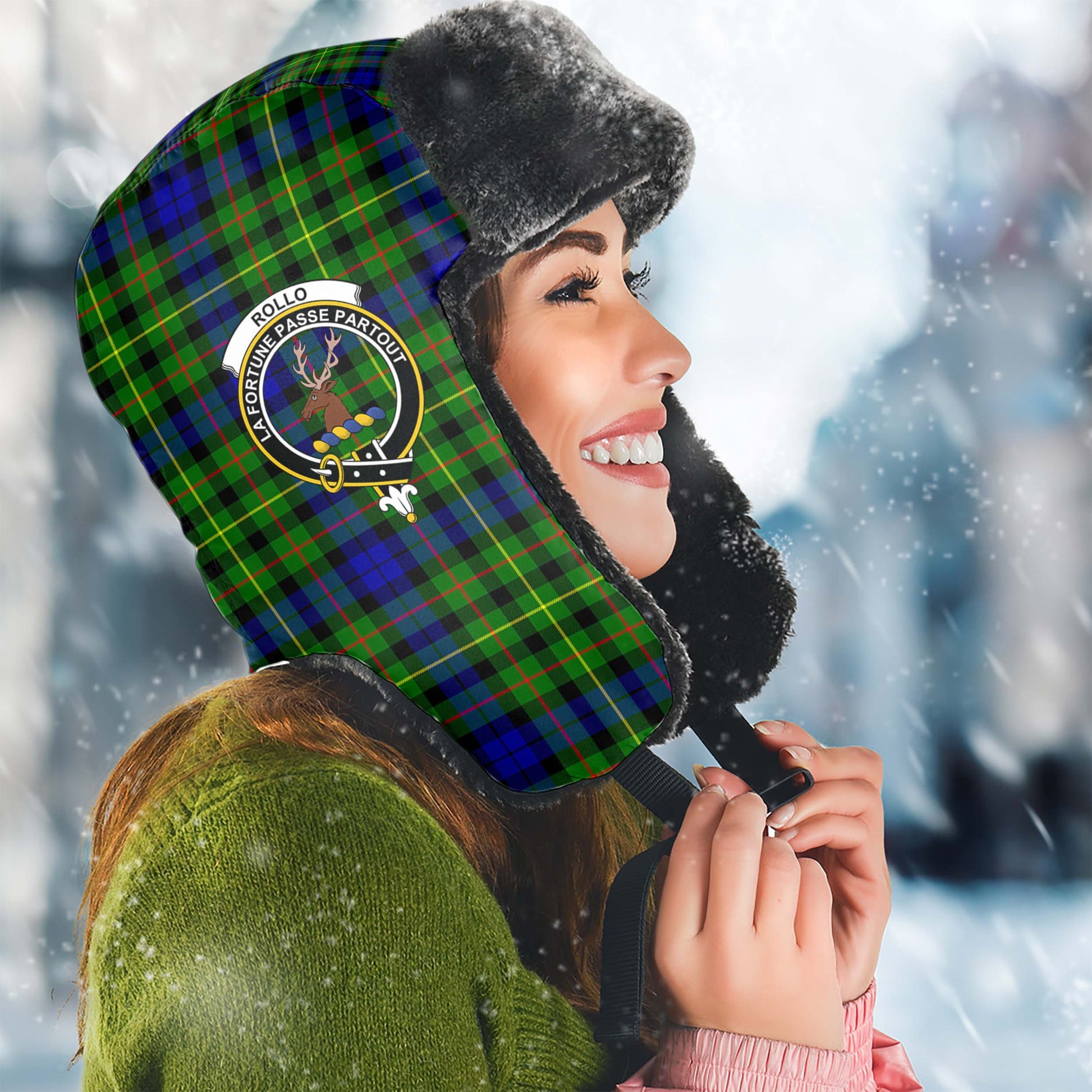 Rollo Modern Tartan Winter Trapper Hat with Family Crest Winter Trapper Hat Universal Fit Circumference 22.8in (58cm) - Tartanvibesclothing