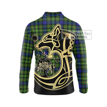 Rollo Modern Tartan Long Sleeve Polo Shirt with Family Crest Celtic Wolf Style