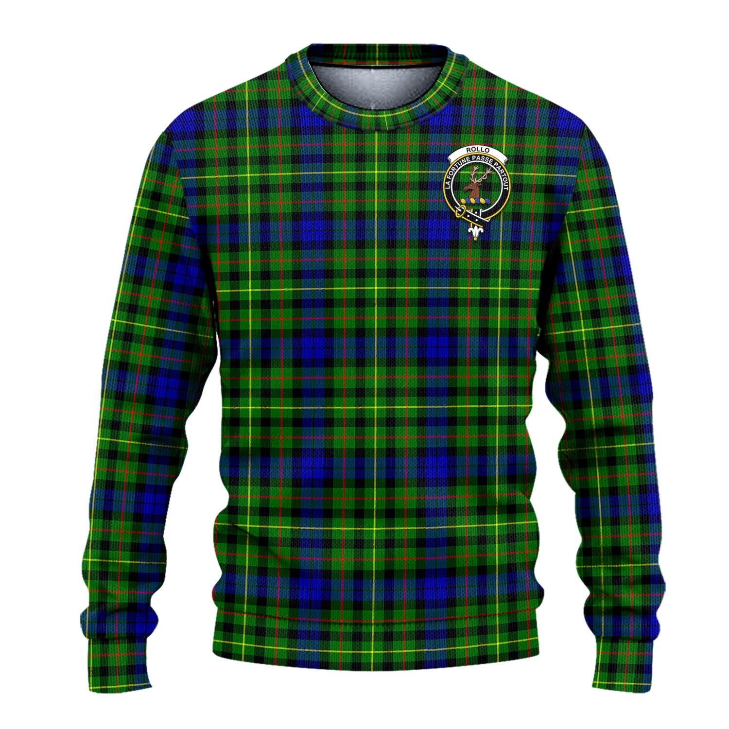 Rollo Modern Tartan Knitted Sweater with Family Crest - Tartanvibesclothing