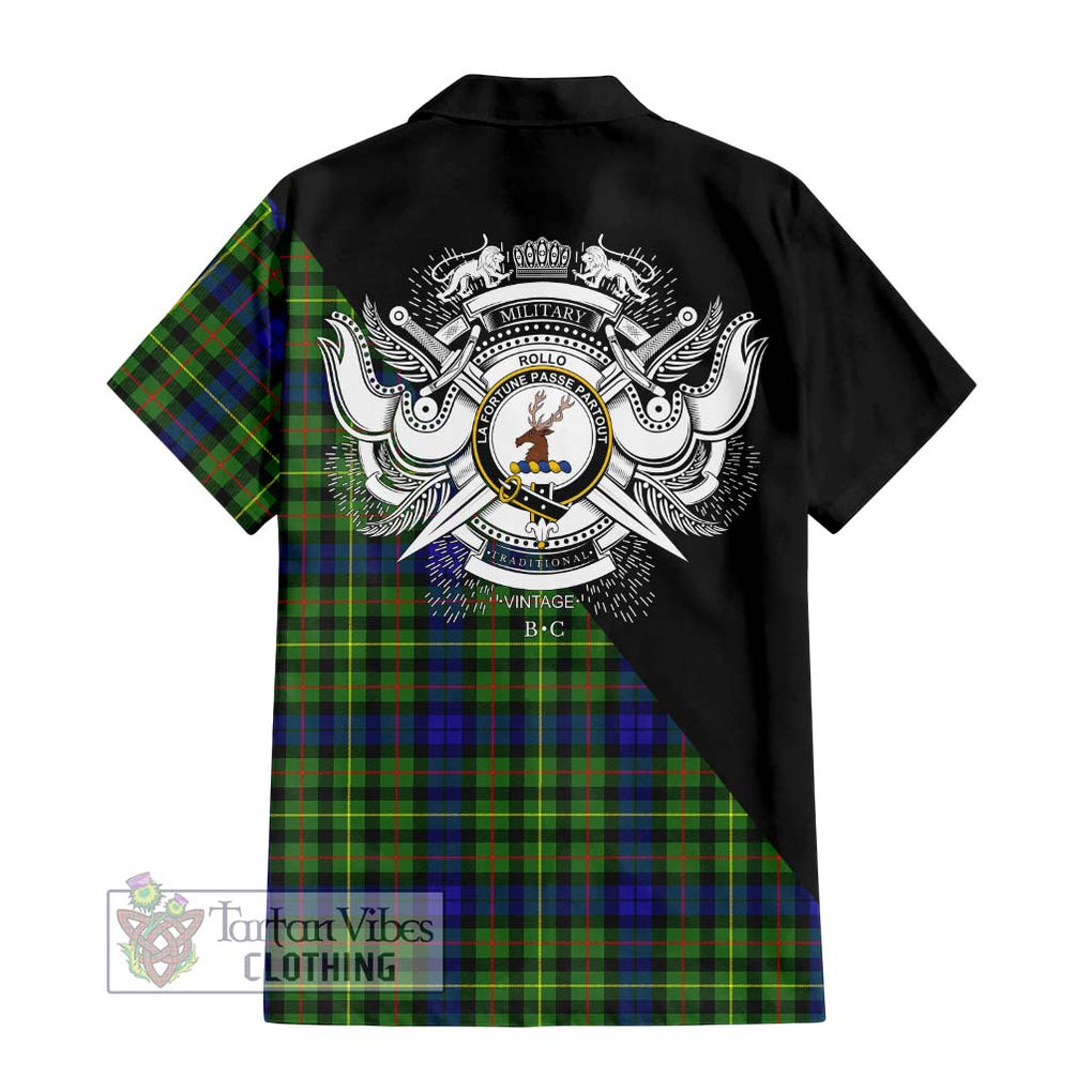 Rollo Modern Tartan Short Sleeve Button Shirt with Family Crest and Military Logo Style - Tartanvibesclothing Shop