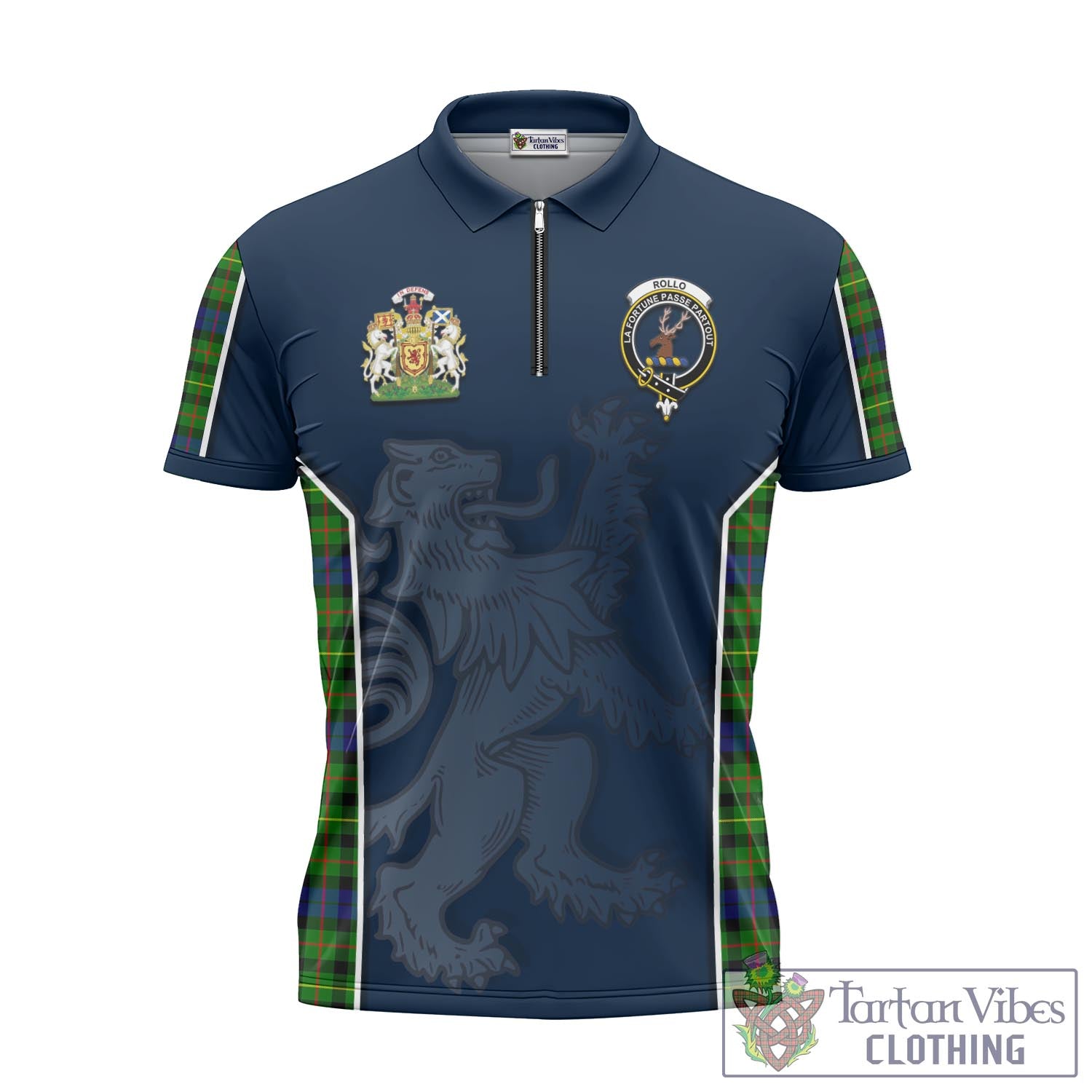 Tartan Vibes Clothing Rollo Modern Tartan Zipper Polo Shirt with Family Crest and Lion Rampant Vibes Sport Style