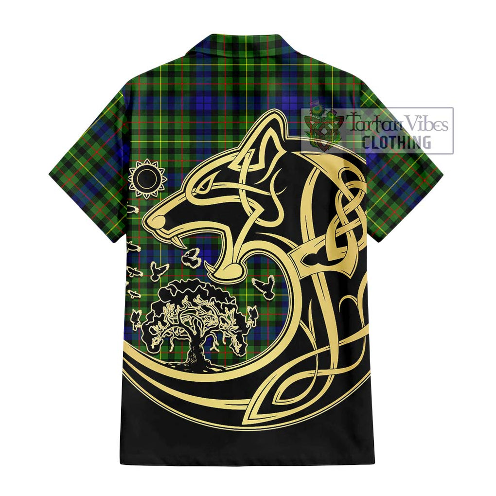 Rollo Modern Tartan Short Sleeve Button Shirt with Family Crest Celtic Wolf Style - Tartan Vibes Clothing