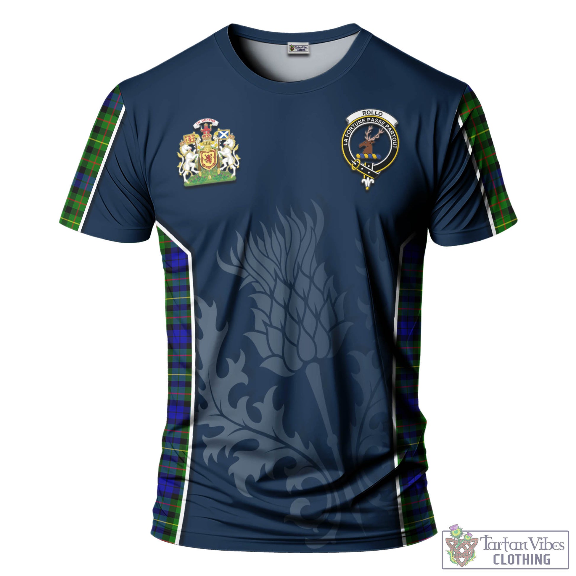 Tartan Vibes Clothing Rollo Modern Tartan T-Shirt with Family Crest and Scottish Thistle Vibes Sport Style