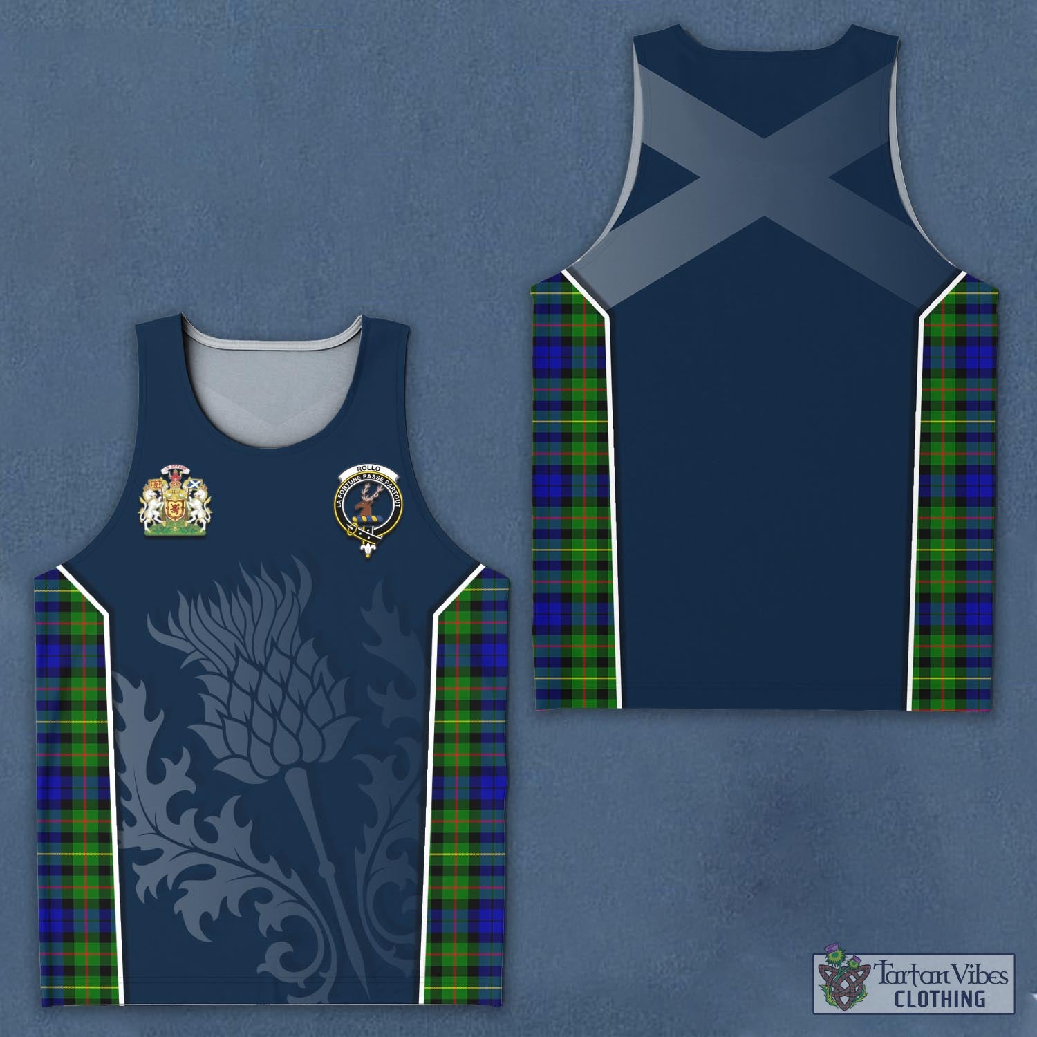 Tartan Vibes Clothing Rollo Modern Tartan Men's Tanks Top with Family Crest and Scottish Thistle Vibes Sport Style