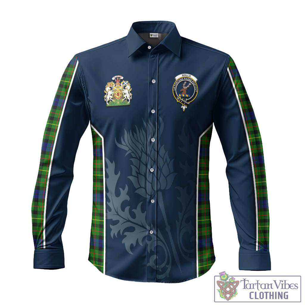 Tartan Vibes Clothing Rollo Modern Tartan Long Sleeve Button Up Shirt with Family Crest and Scottish Thistle Vibes Sport Style